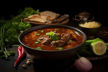 Delectable nihari, a slow-cooked stew, featuring tender meat and aromatic spices,