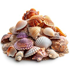 Sea Shells Sand Pile, White Background, Illustrations Images