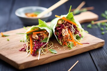 beetroot and carrot wraps with hemp seeds on a slate board - obrazy, fototapety, plakaty