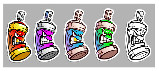 Cartoon, angry spray paint. Set of different colors of paints. Vector graphics.