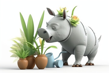 Cute rhino 3D character caring for plants