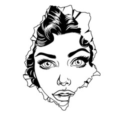 Surprised young attractive woman peeks through a hole made in wall or paper, vector illustration in vintage pop art comic style, black and white outline