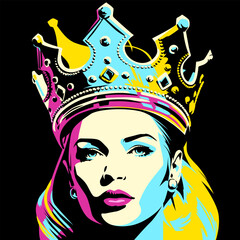 Queen. Young attractive blonde woman wearing golden crown encrusted with precious stones, vector illustration in vintage pop art style