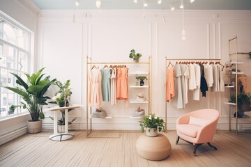 chic boutique interior with plants and clothing racks
