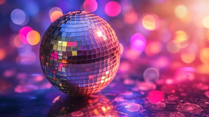 Fototapeta na wymiar Close-Up Of Shiny Disco Ball. Mirror ball on colorful background