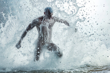 Athletic male figure surrounded by splashes of water, concept of strength, freedom, energy, freshness.