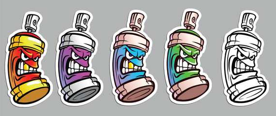 Cartoon, angry spray paint. Set of different colors of paints. Vector graphics.