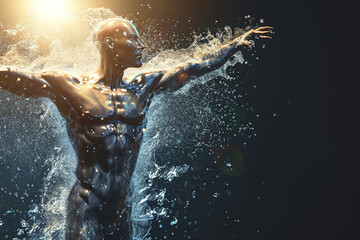 Athletic male figure surrounded by splashes of water with sunlight, concept of strength, freedom, energy, freshness.