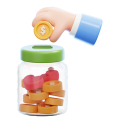 A hand is putting a coin into a jar 3d illustration isolated