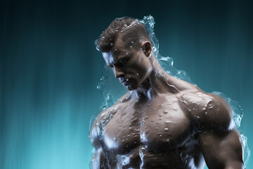 Athletic muscular male figure surrounded by splashes of water, concept of strength, freedom,...