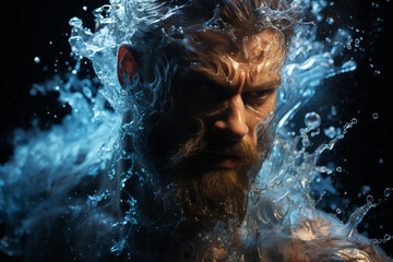 Athletic muscular male figure surrounded by splashes of water, close up portrait, concept of strength, freedom, energy, freshness.