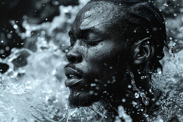 Fototapeta na wymiar Athletic muscular male figure surrounded by splashes of water, close up portrait, concept of strength, freedom, energy, freshness.