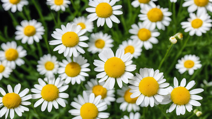 German chamomile flower wallpaper, Medicine plant wallpaper, Closed of Chamomile garden-field little yellowish-white flowers commonly called German chamomile daisy. One of the popular herbs. - obrazy, fototapety, plakaty