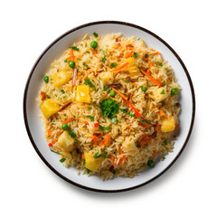 top view photography of a plate of fried rice isolated on a transparent background created with Generative Ai