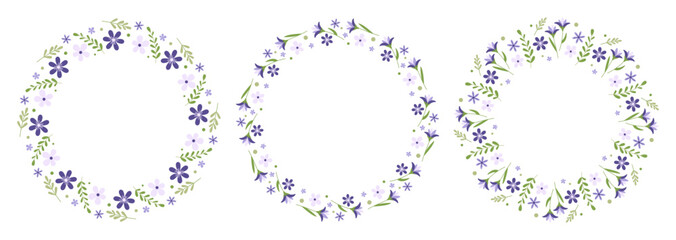 Set of spring wreath. Floral round frames. Decorative elements for greeting card, invitation, banner,  sale, scrapbooking. Vector illustration. 