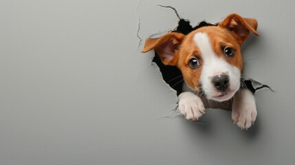 Cute Jack Russell Terrier puppy peeking out of a hole in wall, torn hole, empty copy space frame, mockup