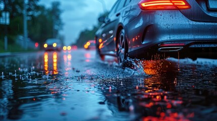 Aquaplaning on a Rainy Road. The Sensation of the Rear Car Wheel Slipping on a Wet Surface