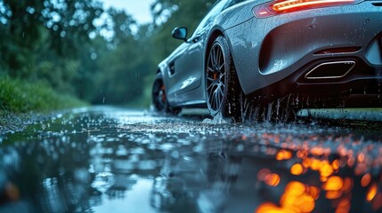 Rainy Road Aquaplaning. Experience of Rear Car Wheel Slipping on Wet Surface
