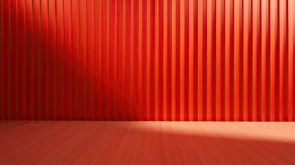 empty room with red wall , wooden floor and spotlight,red corrugated wall background with shadow sunlight. A bright red room with a warm wooden floor and modern vertical blinds. 