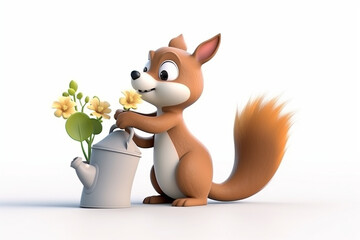 3D character cute squirrel taking care of plants