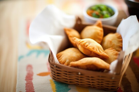 empanadas in a basket with parchment paper