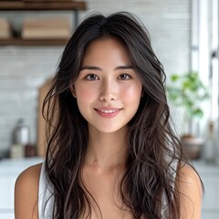 Naklejka premium Smiling Positive Attractive Asian Young Woman, White Background, Illustrations Images