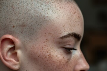 A close-up view of a person with a shaved head. This image can be used to depict baldness, modern hairstyles, or a person undergoing chemotherapy
