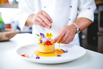 chef garnishing flan with edible flowers in the kitchen