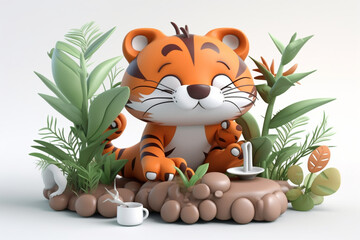 Cute tiger 3D character taking care of plants