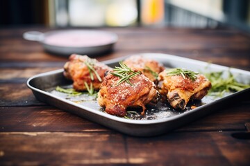 fried chicken thigh on a rustic metal tray with herbs