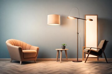 Modern living room interior with floor lamp and hanging armchair-