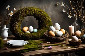 Easter table decoration with moss wreath, hay and eggs. - obrazy, fototapety, plakaty