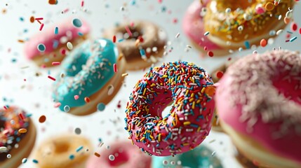 A delicious assortment of donuts with colorful sprinkles. Perfect for bakery promotions or sweet treat concepts