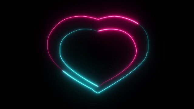 Neon Valentines Day Symbol and glowing love icon. Modern neon 3d heart shape on black background. Romantic silhouette, love target, passion , sign, symbol , illustration.