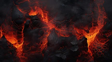 Fotobehang Illustration of hot volcanic rock with red magma flowing in the cracks © Instacraft.Studio
