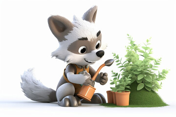 Cute wolf 3D character taking care of plants
