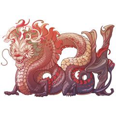 Chinese Dragon full body drawing. Zodiac symbol of the New Year 2024. Dragon body curved to form 2024. Hand-drawn line drawing coloured and isolated on a white background.