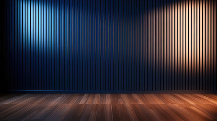 empty room with blue wall , wooden floor and spotlight,dark blue corrugated wall background with shadow sunlight. A bright blue room with a warm wooden floor and modern vertical blinds. 