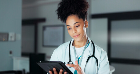 Tablet, healthcare doctor and woman typing online research, check medicine study and reading wellness information. Hospital service, medical cardiology and professional surgeon review clinic website - Powered by Adobe