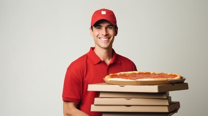 A courier man brings junk food pizza cardboard packaging, wearing a red uniform and hat.