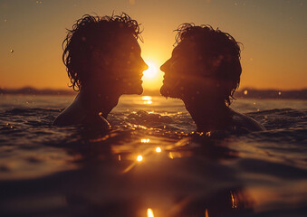 Romantic photo of young handsome gay couple swimming and kissing in sea on sunset.Macro.AI Generative.