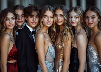 Fototapeta premium Happy students wearing beautiful dresses and tuxedos making photo before college prom graduation party.Macro.AI Generative.