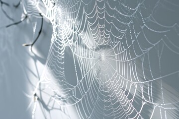 A spider web adorned with glistening water droplets. Perfect for nature-themed designs and concepts
