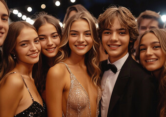 Obraz premium Group of happy students wearing beautiful dresses and tuxedos on college prom graduation party.Macro.AI Generative.