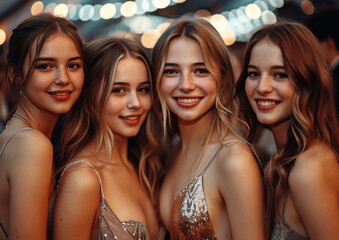 Happy female students wearing beautiful dresses on college prom graduation party.Macro.AI Generative.