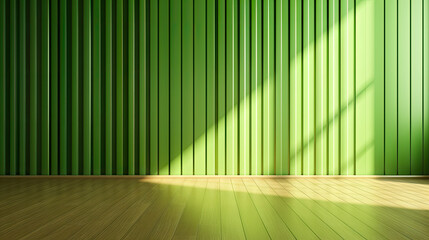 empty room with green wall , wooden floor and spotlight,green corrugated wall background with shadow sunlight. A bright green room with a warm wooden floor and modern vertical blinds. 