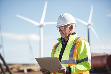 engineer with a laptop conducting a wind farm site survey