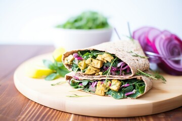scrambled tofu wrap with avocado slices and red onion