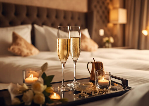 Champagne glasses on tray in luxury hotel room for honeymoon vacation.Maco.AI Generative.