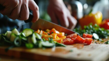 A person is seen chopping vegetables on a cutting board. This image can be used in various cooking and culinary-related projects - obrazy, fototapety, plakaty